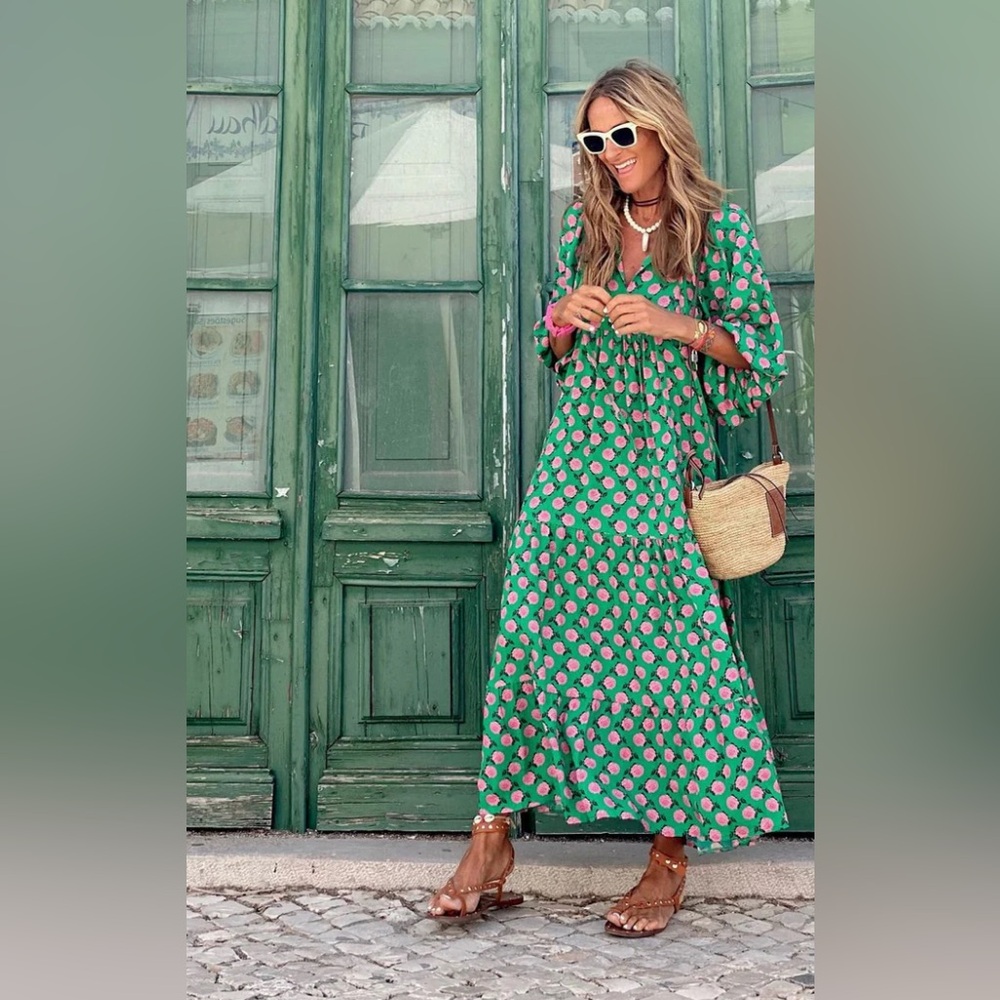 Viola Timeless Elegant Green and Pink Floral Maxi Dress